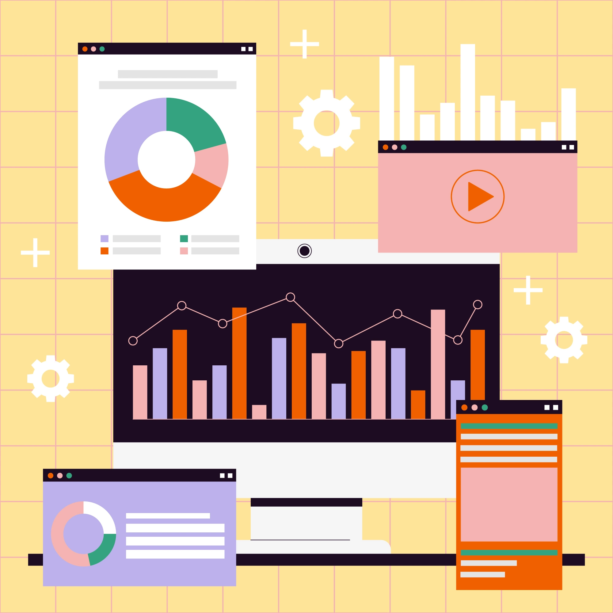 Dashboard com gráficos e player de vídeo